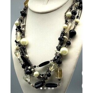 Lia Sophia Black Vixen Necklace Cut Glass Beads And Mother Of Pearl Accent VNTG